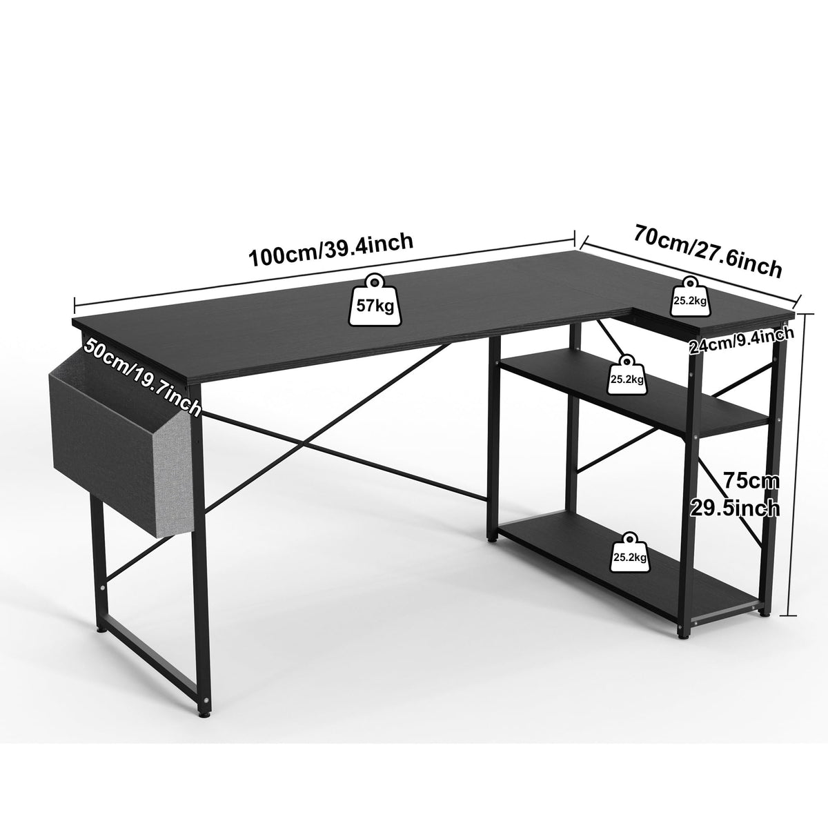 BEXEVUE L Shaped Gaming Desk, 100x70 cm Computer Corner Desk with Storage Bag, Office Desk Small Writing Table with Large Reversible Storage Shelves, Workstation for Study Play Work Home Office, Black