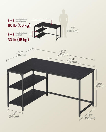 VASAGLE L Shaped Corner Desk, Computer Gaming Desk with Storage, Reversible Height-Adjustable Shelves, for Home Office, 120 x 80 cm, Ebony Black LWD136BE01