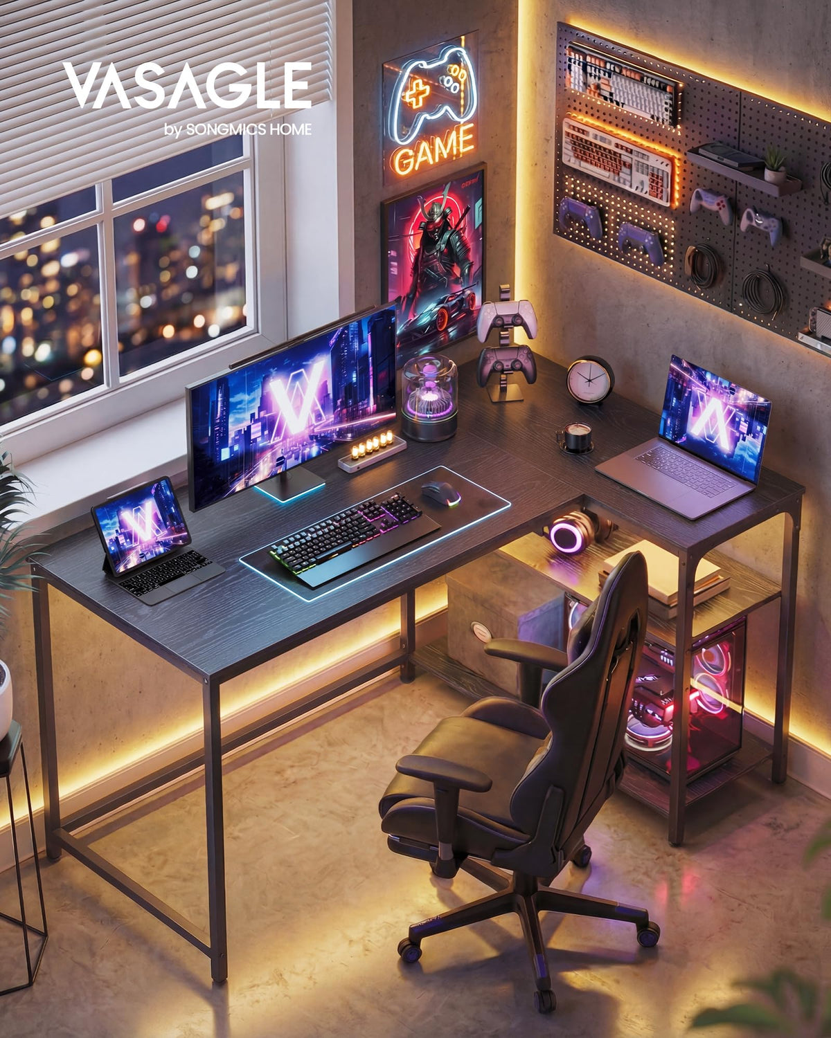 VASAGLE L Shaped Corner Desk, Computer Gaming Desk with Storage, Reversible Height-Adjustable Shelves, for Home Office, 120 x 80 cm, Ebony Black LWD136BE01