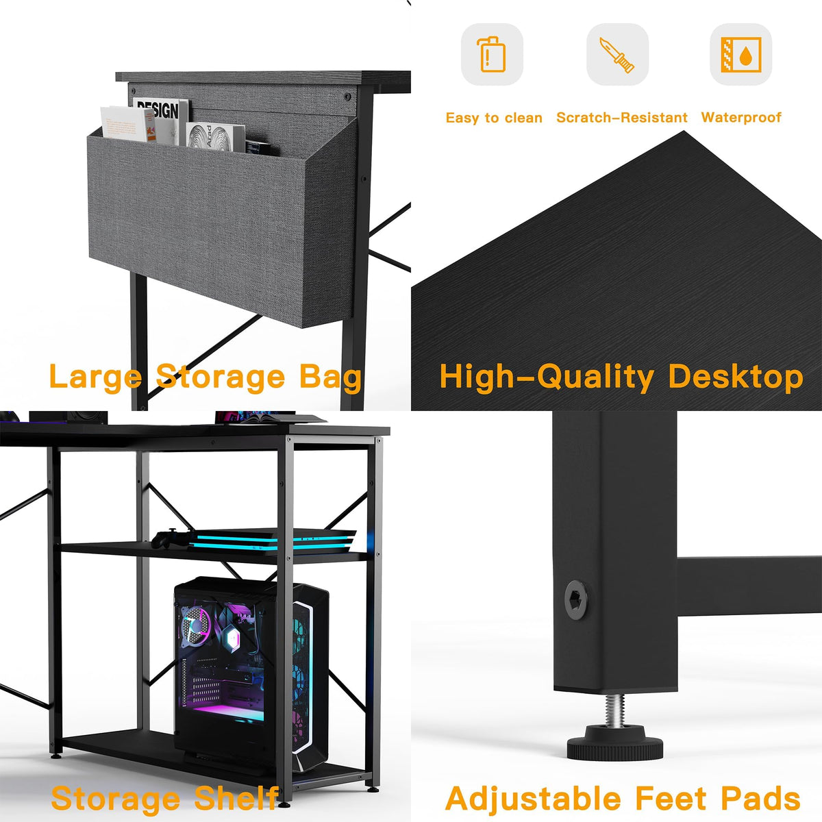 BEXEVUE L Shaped Gaming Desk, 100x70 cm Computer Corner Desk with Storage Bag, Office Desk Small Writing Table with Large Reversible Storage Shelves, Workstation for Study Play Work Home Office, Black