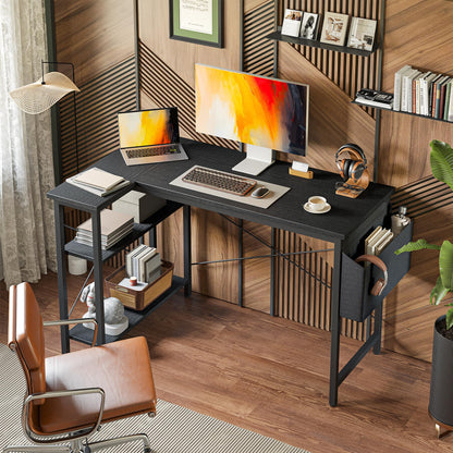 BEXEVUE L Shaped Gaming Desk, 100x70 cm Computer Corner Desk with Storage Bag, Office Desk Small Writing Table with Large Reversible Storage Shelves, Workstation for Study Play Work Home Office, Black